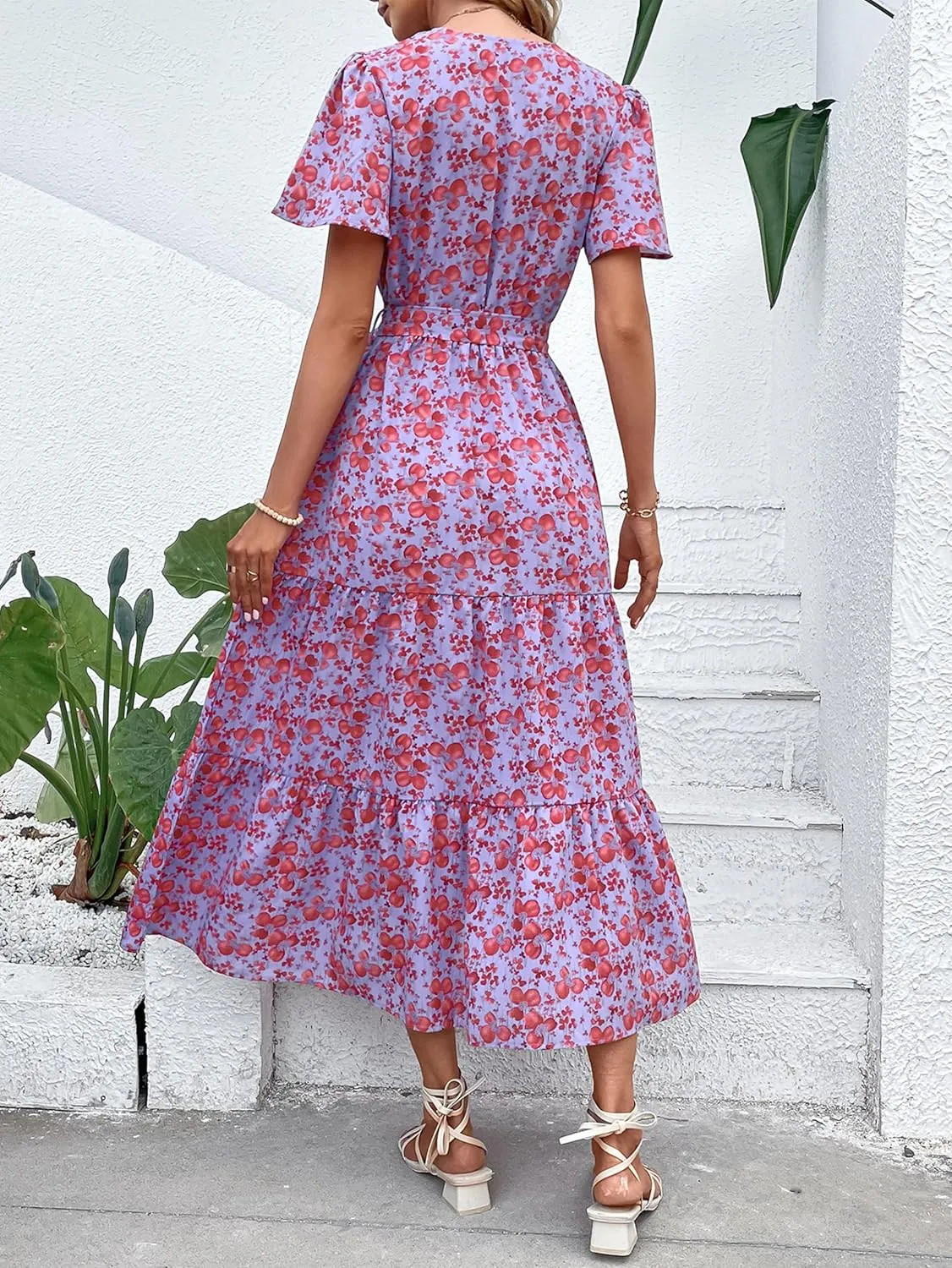 MASCOMODA Womens Summer Swiss Dot Maxi Dressses Wrap V Neck Flutter Short Sleeve Boho Casual Flowy Long Wedding Guest Dress
