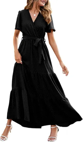 MASCOMODA Womens Summer Swiss Dot Maxi Dressses Wrap V Neck Flutter Short Sleeve Boho Casual Flowy Long Wedding Guest Dress