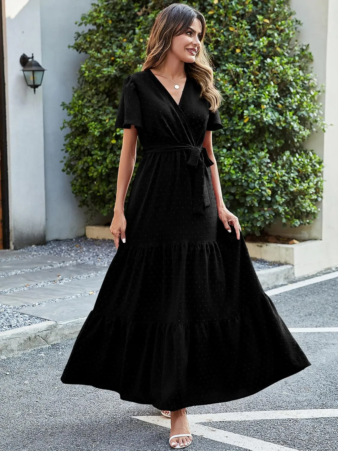 MASCOMODA Womens Summer Swiss Dot Maxi Dressses Wrap V Neck Flutter Short Sleeve Boho Casual Flowy Long Wedding Guest Dress