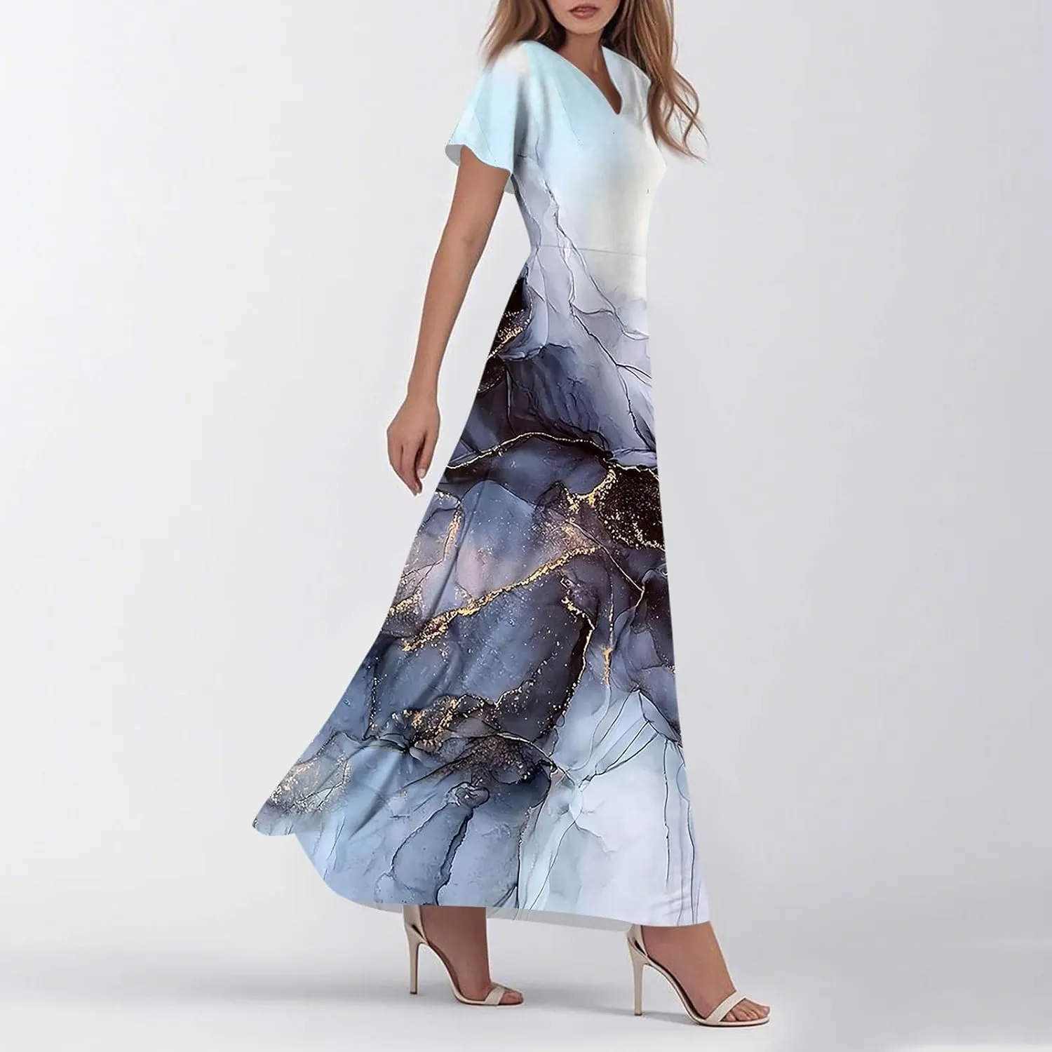 Maxi Dresses for Women,2025 Summer Elegant V Neck Short Sleeve Floral Beach Dress,Flowy Ruched Boho Vacation Dress