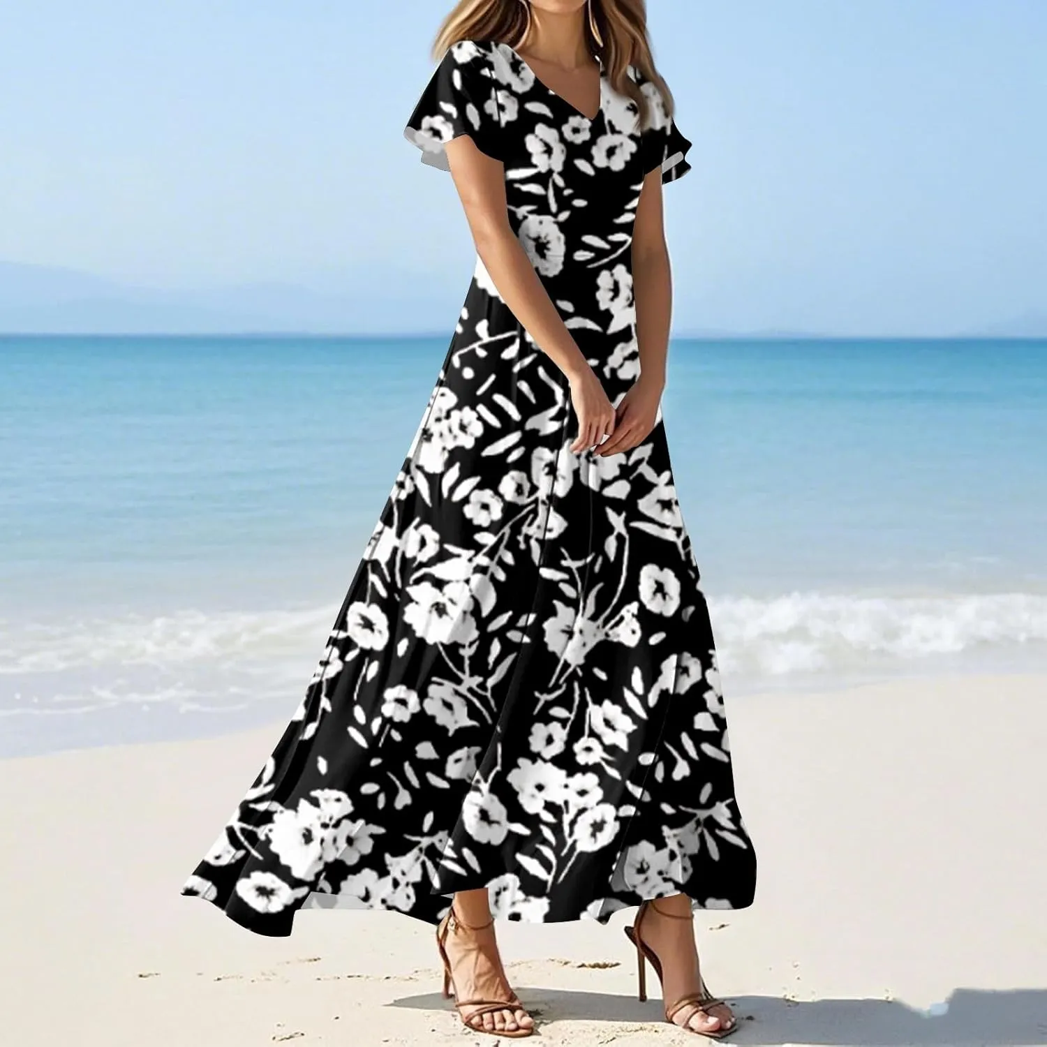 Maxi Dresses for Women,2025 Summer Elegant V Neck Short Sleeve Floral Beach Dress,Flowy Ruched Boho Vacation Dress