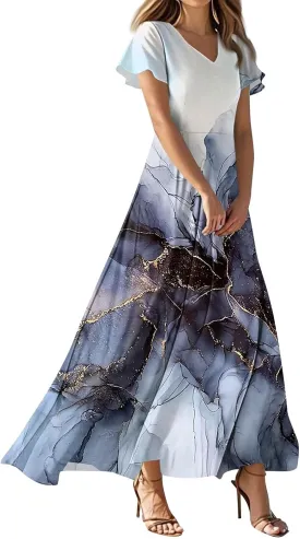 Maxi Dresses for Women,2025 Summer Elegant V Neck Short Sleeve Floral Beach Dress,Flowy Ruched Boho Vacation Dress