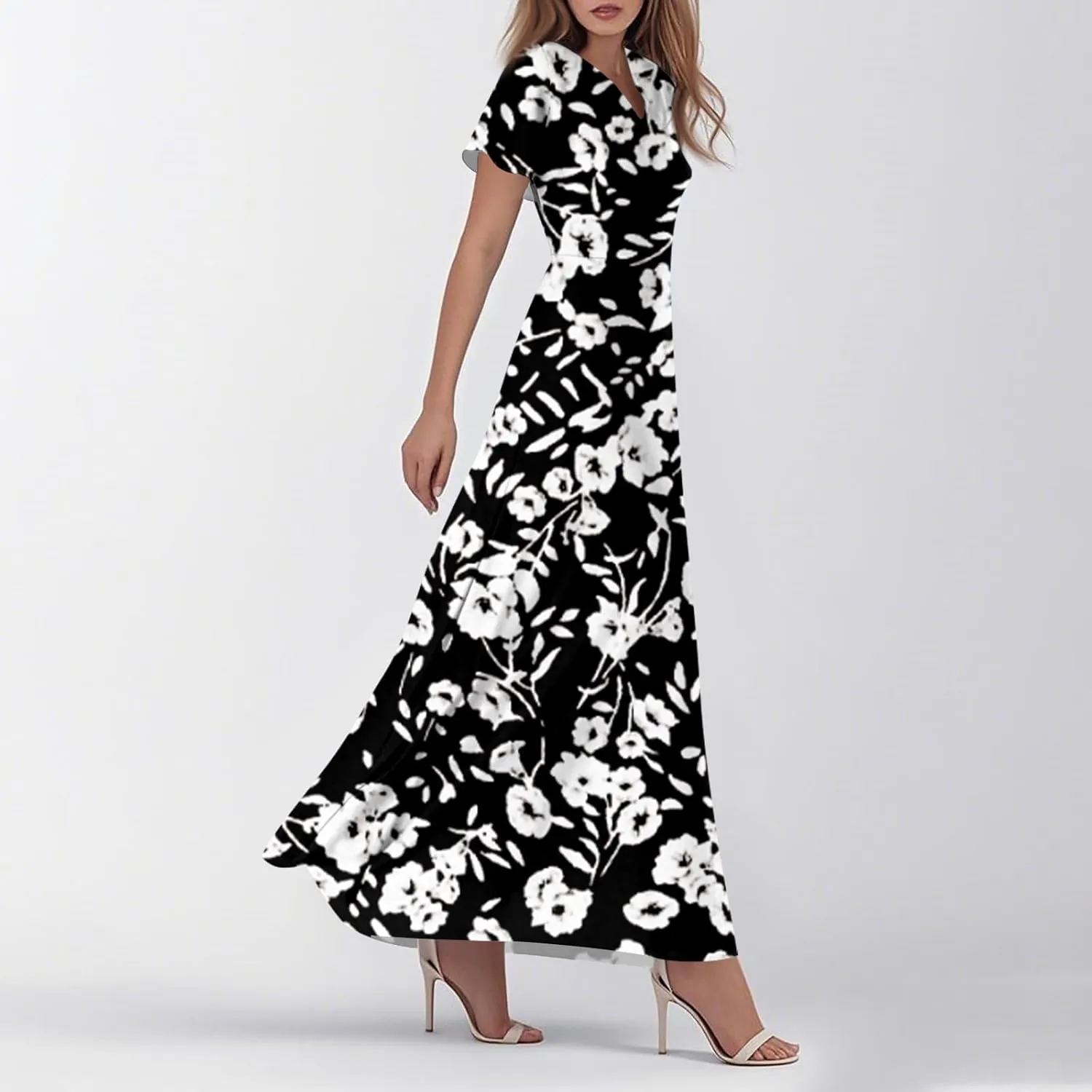 Maxi Dresses for Women,2025 Summer Elegant V Neck Short Sleeve Floral Beach Dress,Flowy Ruched Boho Vacation Dress