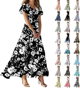 Maxi Dresses for Women,2025 Summer Elegant V Neck Short Sleeve Floral Beach Dress,Flowy Ruched Boho Vacation Dress