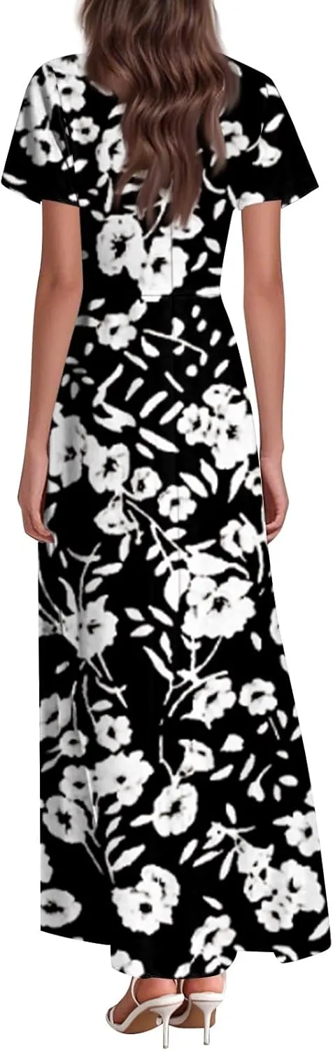 Maxi Dresses for Women,2025 Summer Elegant V Neck Short Sleeve Floral Beach Dress,Flowy Ruched Boho Vacation Dress