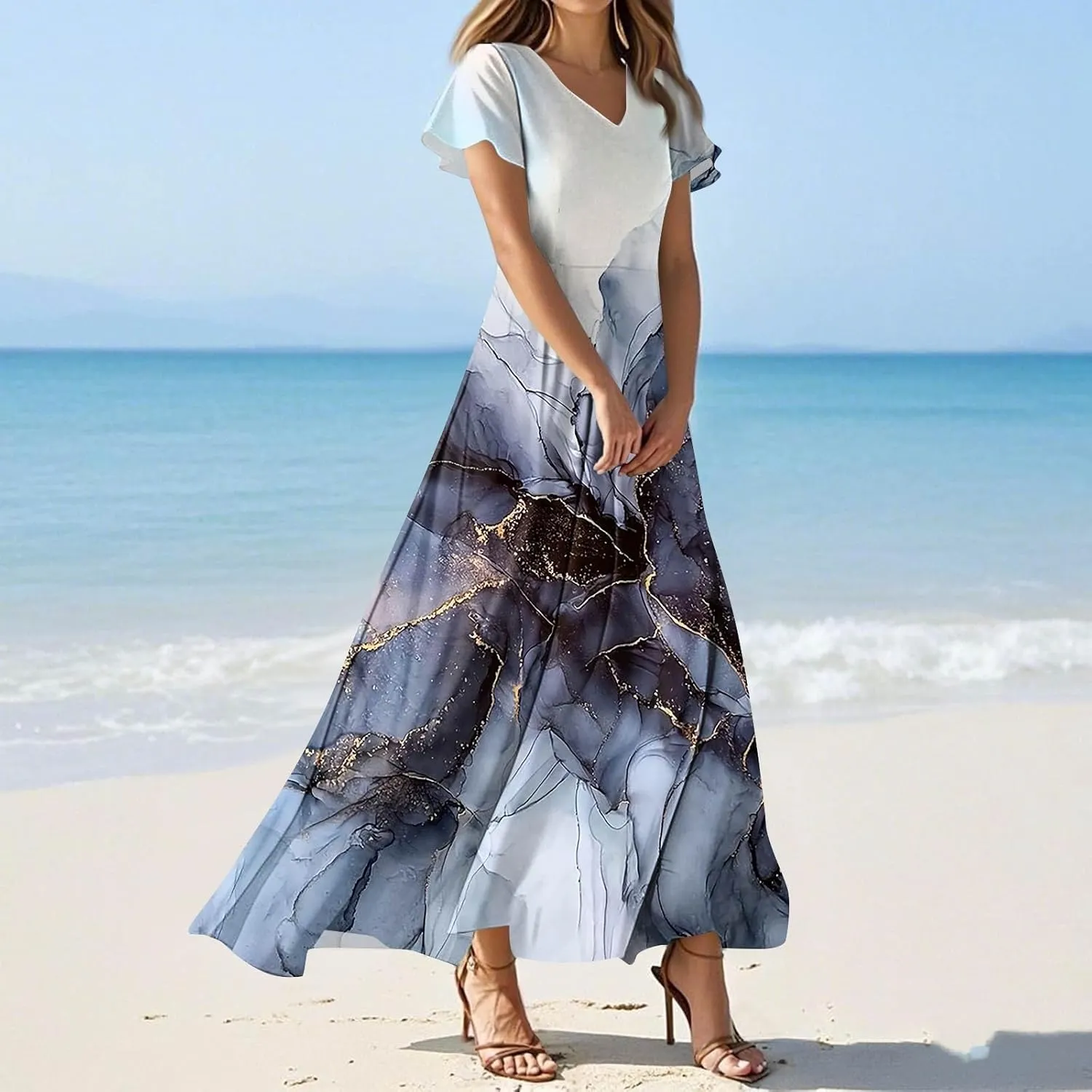 Maxi Dresses for Women,2025 Summer Elegant V Neck Short Sleeve Floral Beach Dress,Flowy Ruched Boho Vacation Dress
