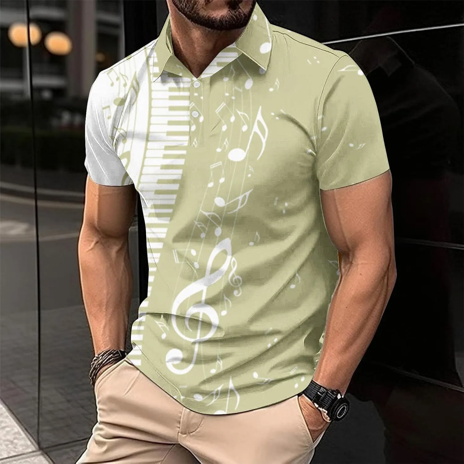 Men Short Sleeve Button Polo Shirts Stylish Casual Piano Music Printed Golf T-Shirt Summer Casual Music Festival Tops