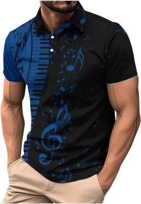 Men Short Sleeve Button Polo Shirts Stylish Casual Piano Music Printed Golf T-Shirt Summer Casual Music Festival Tops