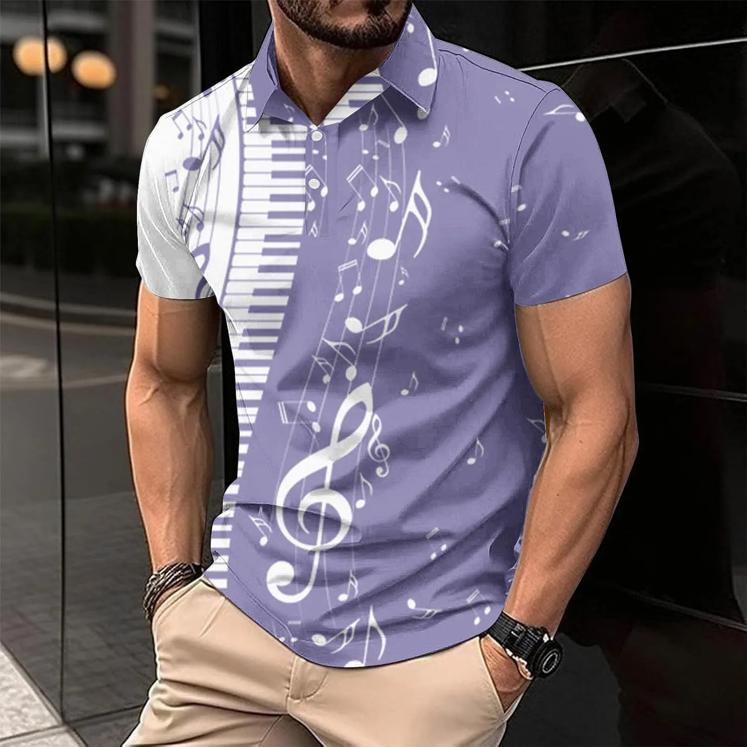 Men Short Sleeve Button Polo Shirts Stylish Casual Piano Music Printed Golf T-Shirt Summer Casual Music Festival Tops