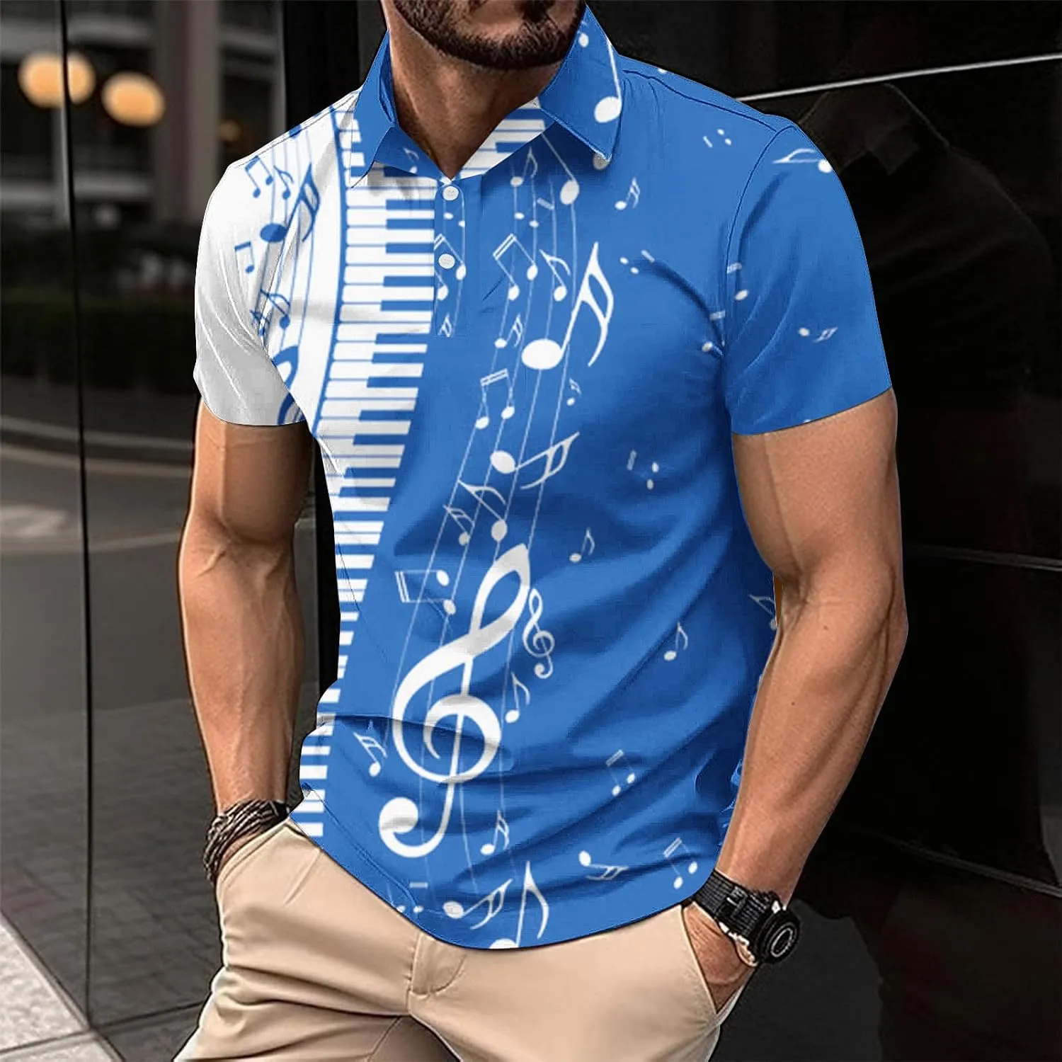 Men Short Sleeve Button Polo Shirts Stylish Casual Piano Music Printed Golf T-Shirt Summer Casual Music Festival Tops