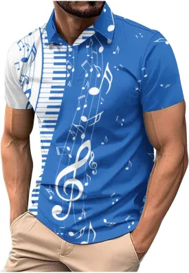 Men Short Sleeve Button Polo Shirts Stylish Casual Piano Music Printed Golf T-Shirt Summer Casual Music Festival Tops