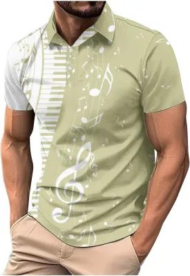 Men Short Sleeve Button Polo Shirts Stylish Casual Piano Music Printed Golf T-Shirt Summer Casual Music Festival Tops