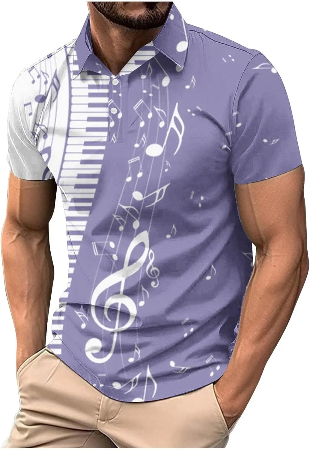 Men Short Sleeve Button Polo Shirts Stylish Casual Piano Music Printed Golf T-Shirt Summer Casual Music Festival Tops