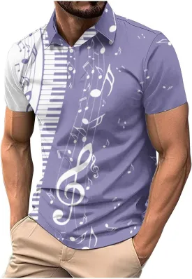 Men Short Sleeve Button Polo Shirts Stylish Casual Piano Music Printed Golf T-Shirt Summer Casual Music Festival Tops