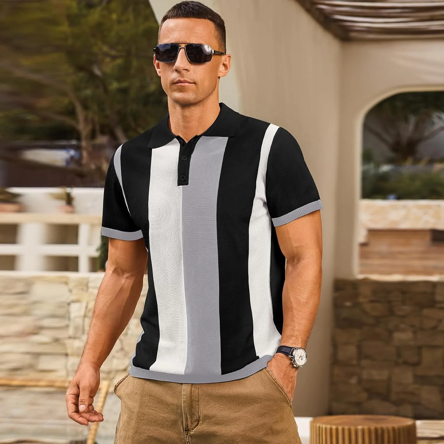 Men's Casual Polo Shirts Vintage Striped Knitting Button Down Shirts Golf Collared Shirts