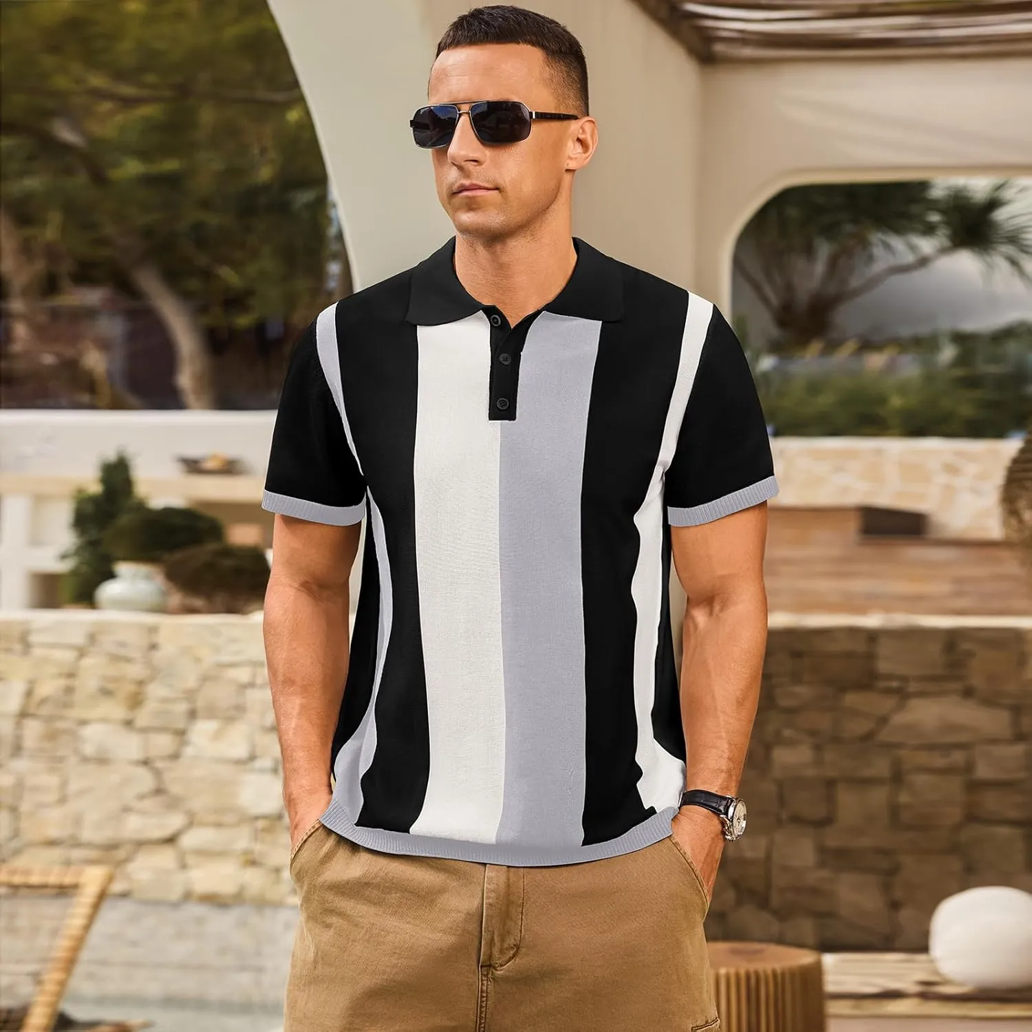 Men's Casual Polo Shirts Vintage Striped Knitting Button Down Shirts Golf Collared Shirts