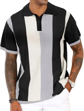 Men's Casual Polo Shirts Vintage Striped Knitting Button Down Shirts Golf Collared Shirts