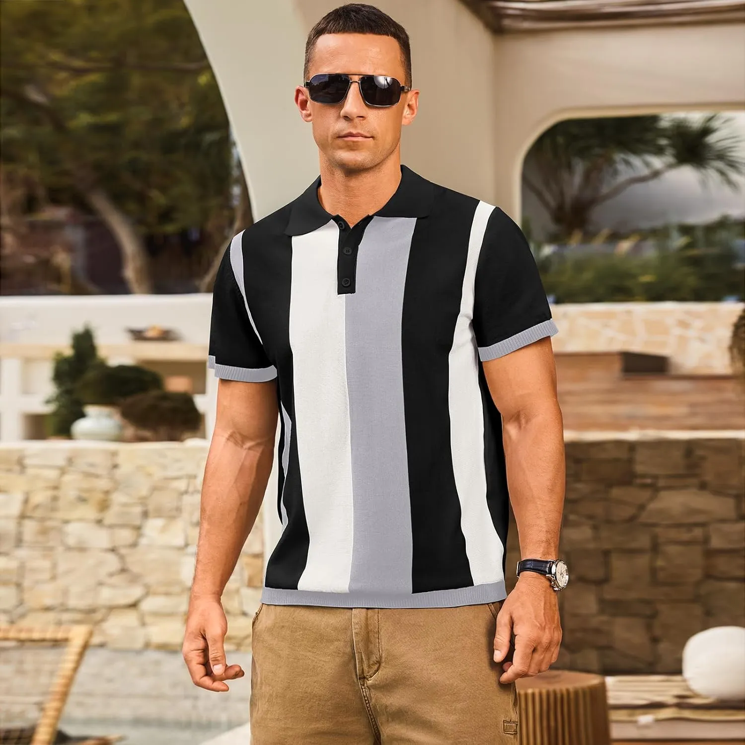 Men's Casual Polo Shirts Vintage Striped Knitting Button Down Shirts Golf Collared Shirts