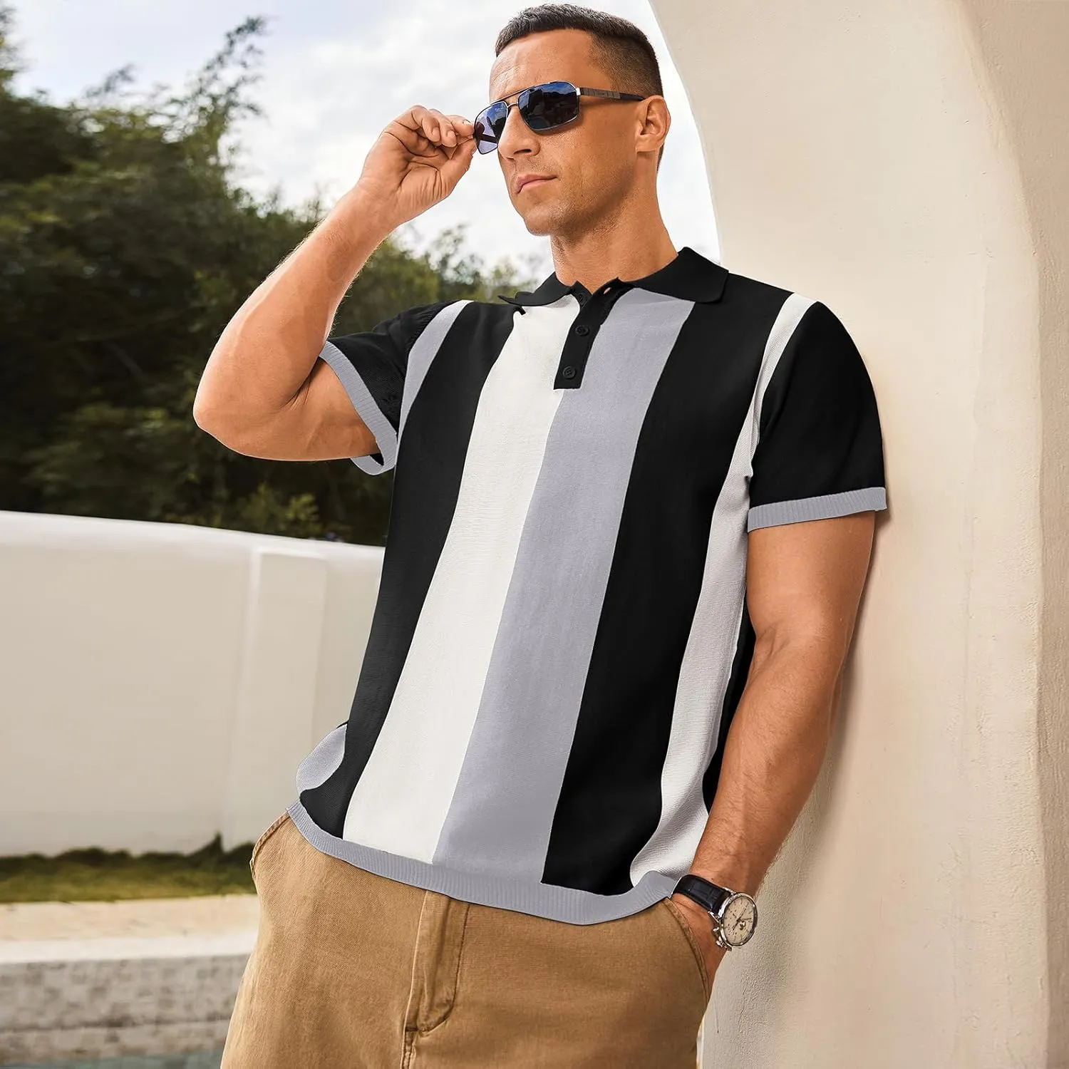 Men's Casual Polo Shirts Vintage Striped Knitting Button Down Shirts Golf Collared Shirts