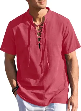 Mens Cotton Linen Shirts Lace Up Short/Long Sleeve Henley Pirate Shirt Casual V Neck for Beach Renaissance Viking Hippie