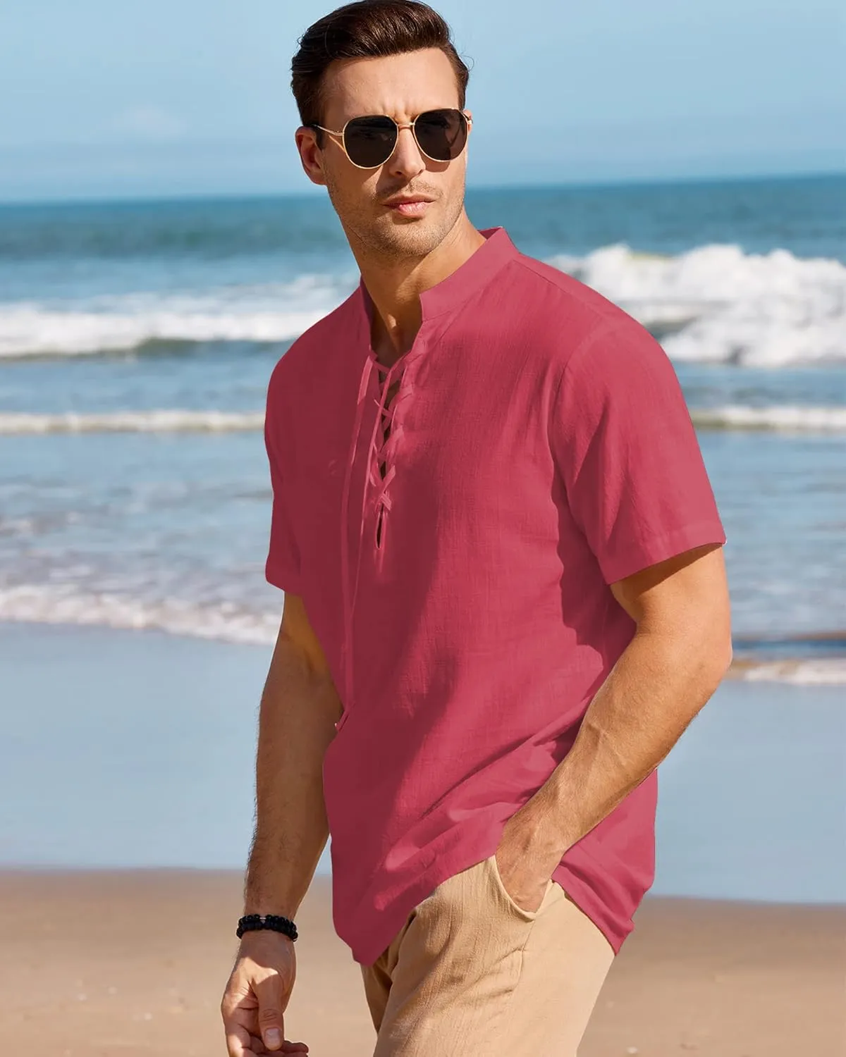 Mens Cotton Linen Shirts Lace Up Short/Long Sleeve Henley Pirate Shirt Casual V Neck for Beach Renaissance Viking Hippie