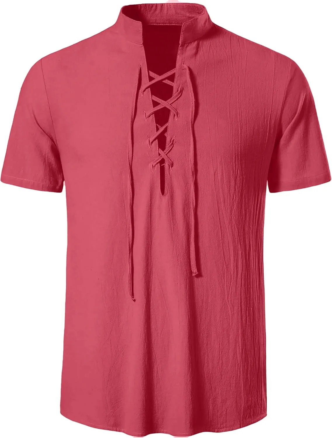 Mens Cotton Linen Shirts Lace Up Short/Long Sleeve Henley Pirate Shirt Casual V Neck for Beach Renaissance Viking Hippie