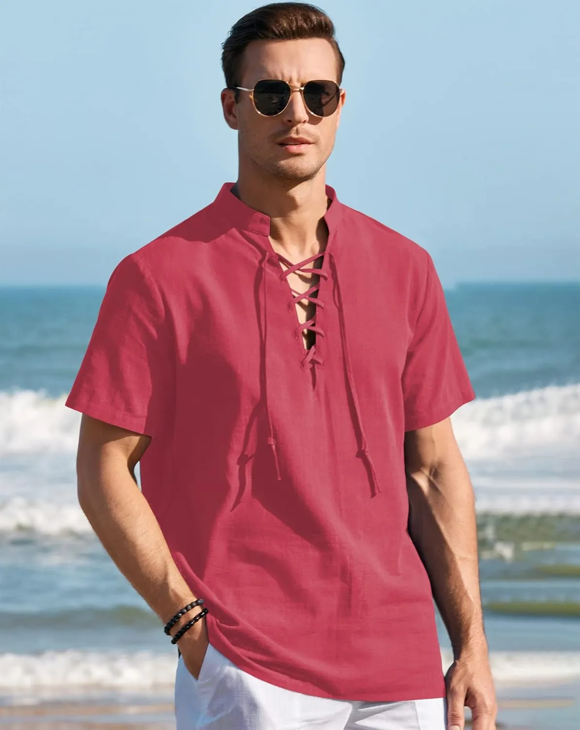 Mens Cotton Linen Shirts Lace Up Short/Long Sleeve Henley Pirate Shirt Casual V Neck for Beach Renaissance Viking Hippie