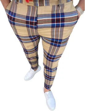 Men's Dress Pants Plaid Skinny Slim Fit Dress Pants Stretch Regular Fit Business Casual Fashion Golf Pencil Chinos Pants