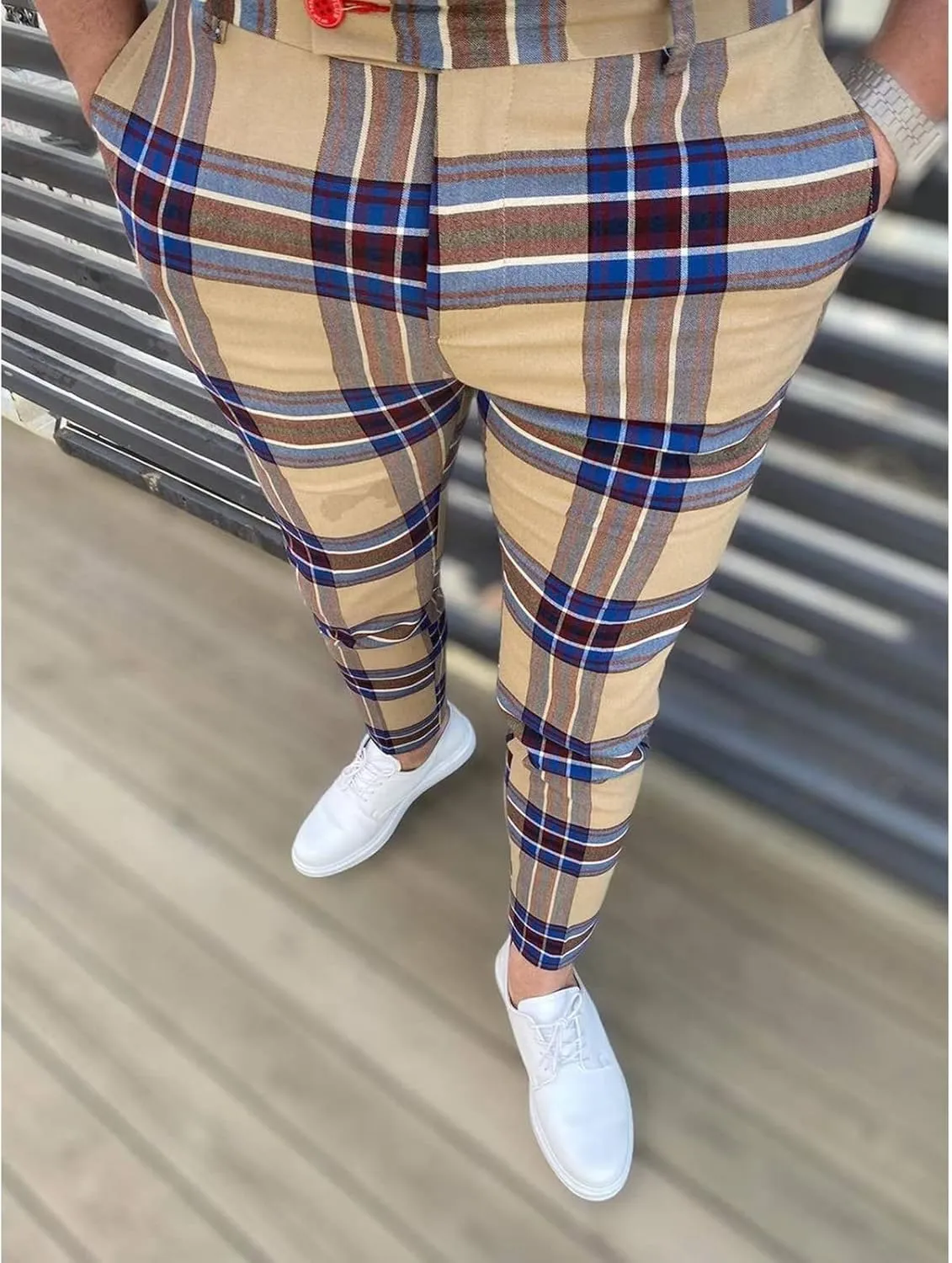 Men's Dress Pants Plaid Skinny Slim Fit Dress Pants Stretch Regular Fit Business Casual Fashion Golf Pencil Chinos Pants