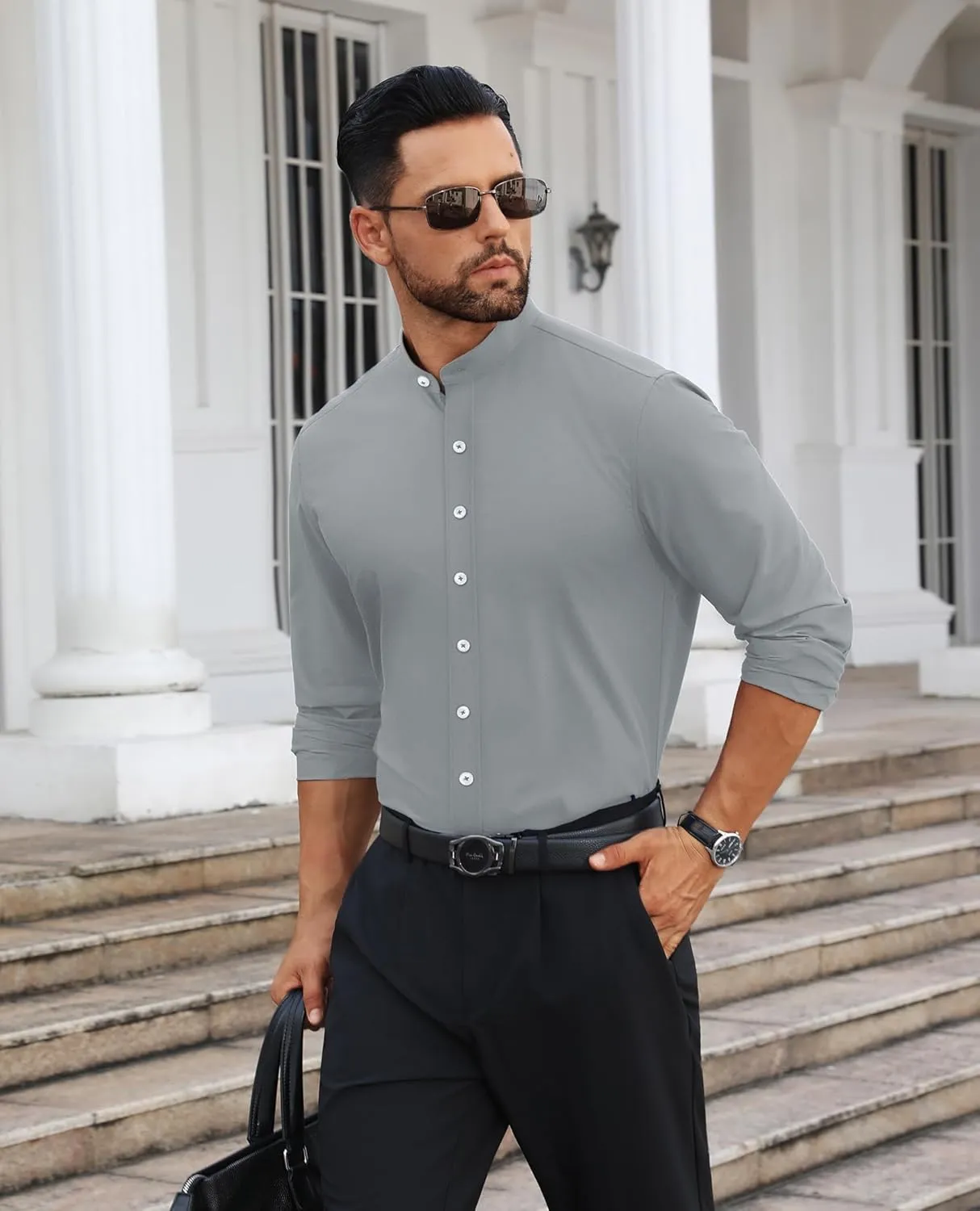 Mens Dress Shirts Wrinkle Free Dress Shirts for Men Long Sleeve Button Down Shirts Banded Collar Shirts