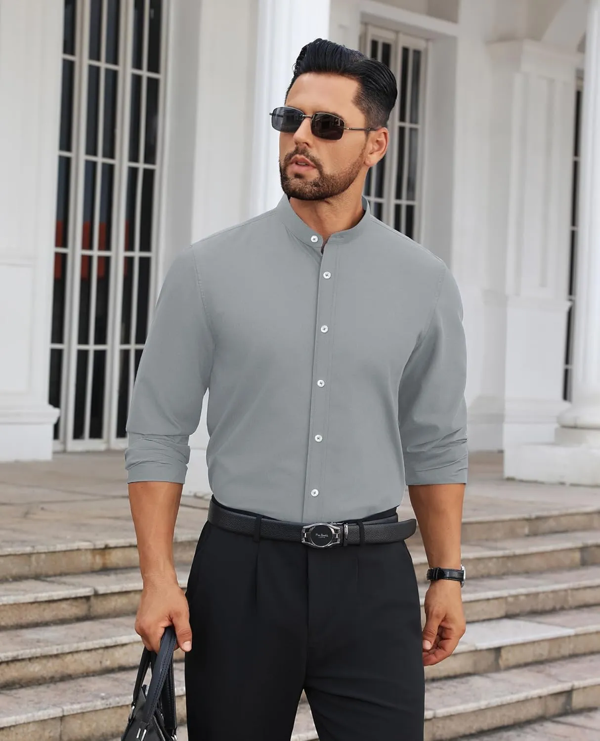 Mens Dress Shirts Wrinkle Free Dress Shirts for Men Long Sleeve Button Down Shirts Banded Collar Shirts