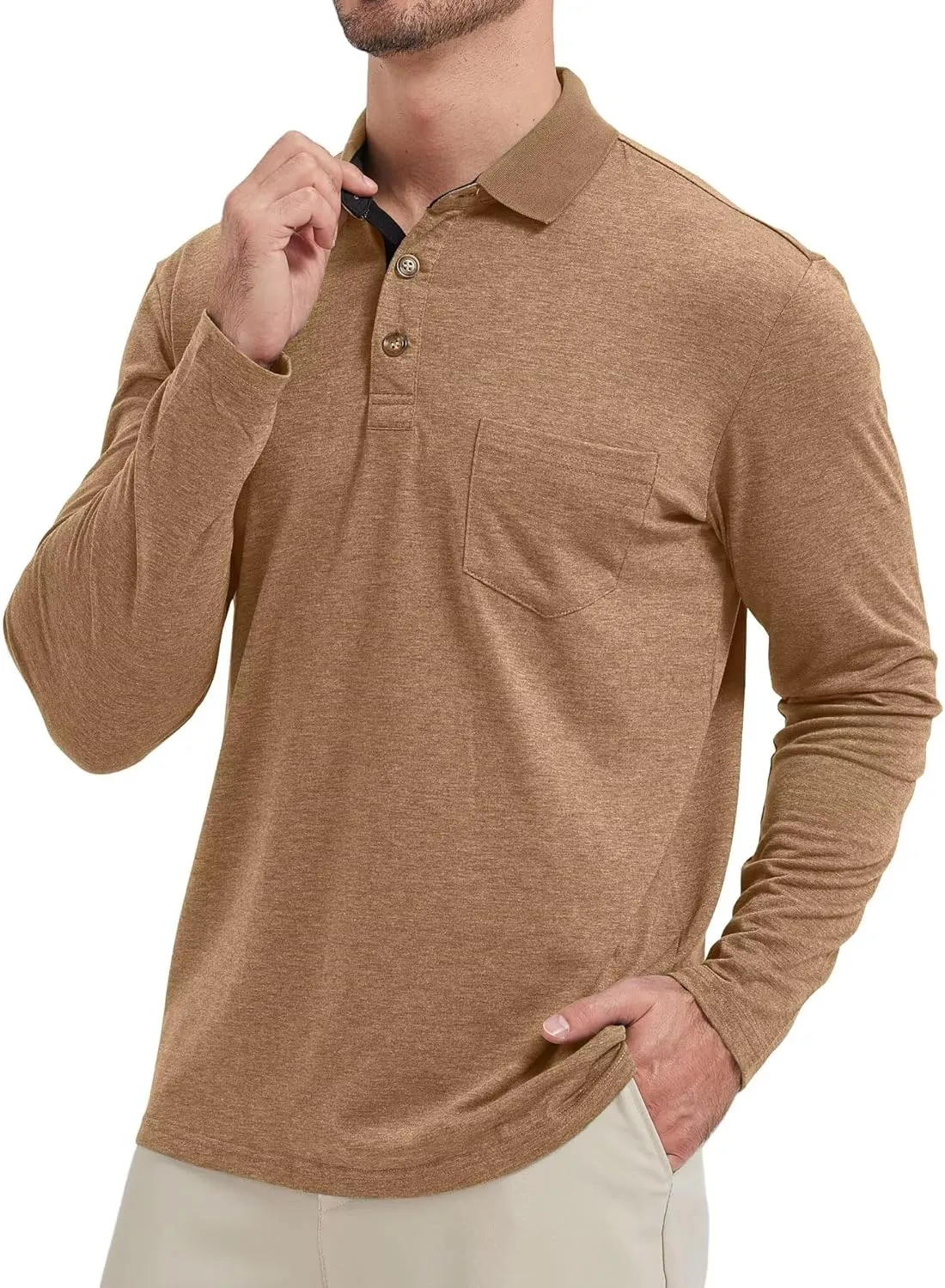 Men's Fashion Polo Shirts Casual Lightweight Long Sleeve Button Shirt with Pocket