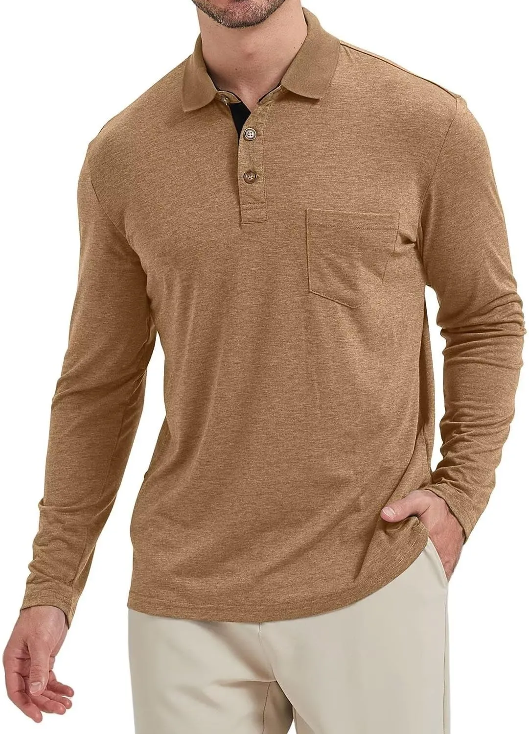 Men's Fashion Polo Shirts Casual Lightweight Long Sleeve Button Shirt with Pocket