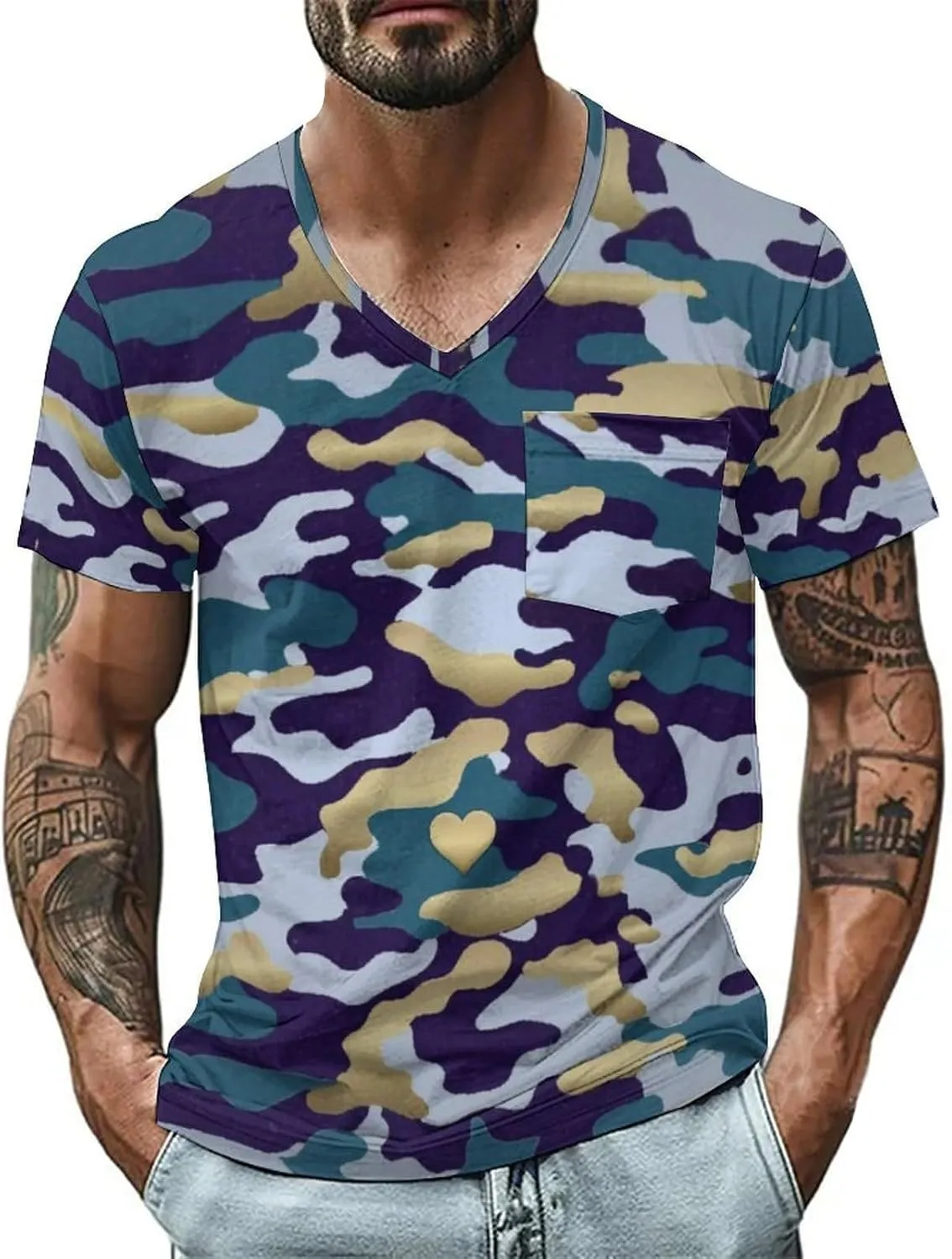 Mens V Neck Short Sleeve Camo Shirts Military Camouflage Performance Athletic T-Shirt Quick-Drying Casual Hunting Tee