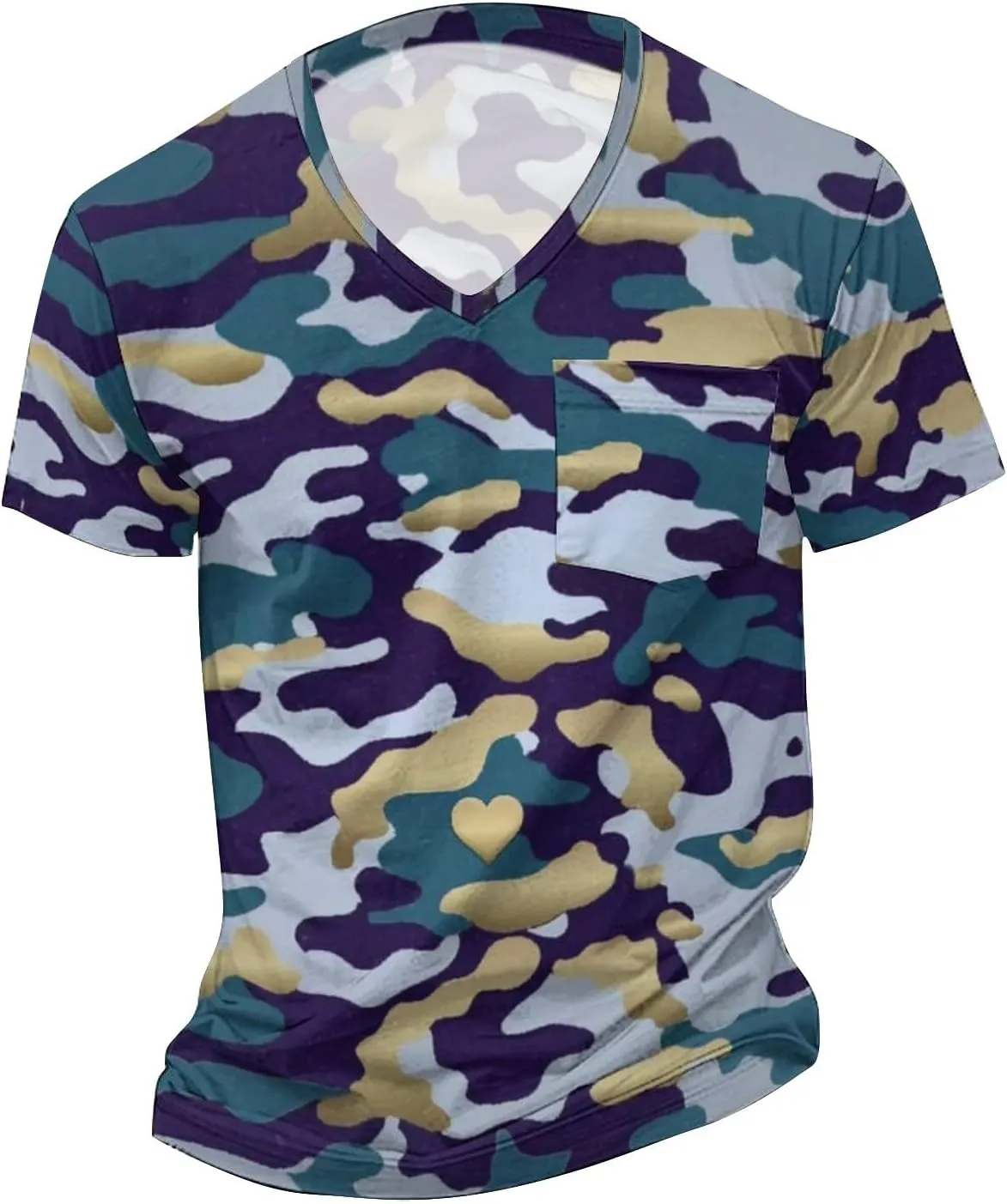 Mens V Neck Short Sleeve Camo Shirts Military Camouflage Performance Athletic T-Shirt Quick-Drying Casual Hunting Tee