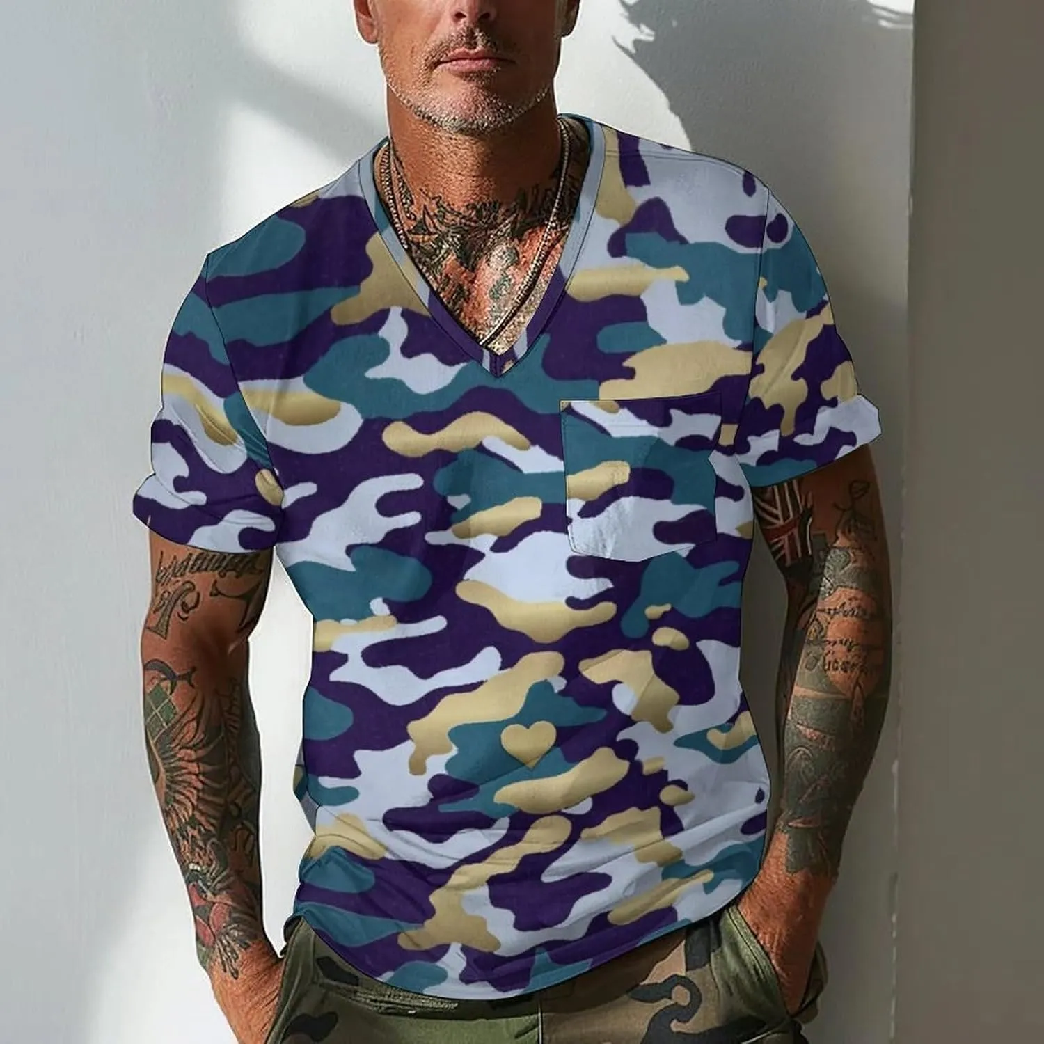 Mens V Neck Short Sleeve Camo Shirts Military Camouflage Performance Athletic T-Shirt Quick-Drying Casual Hunting Tee