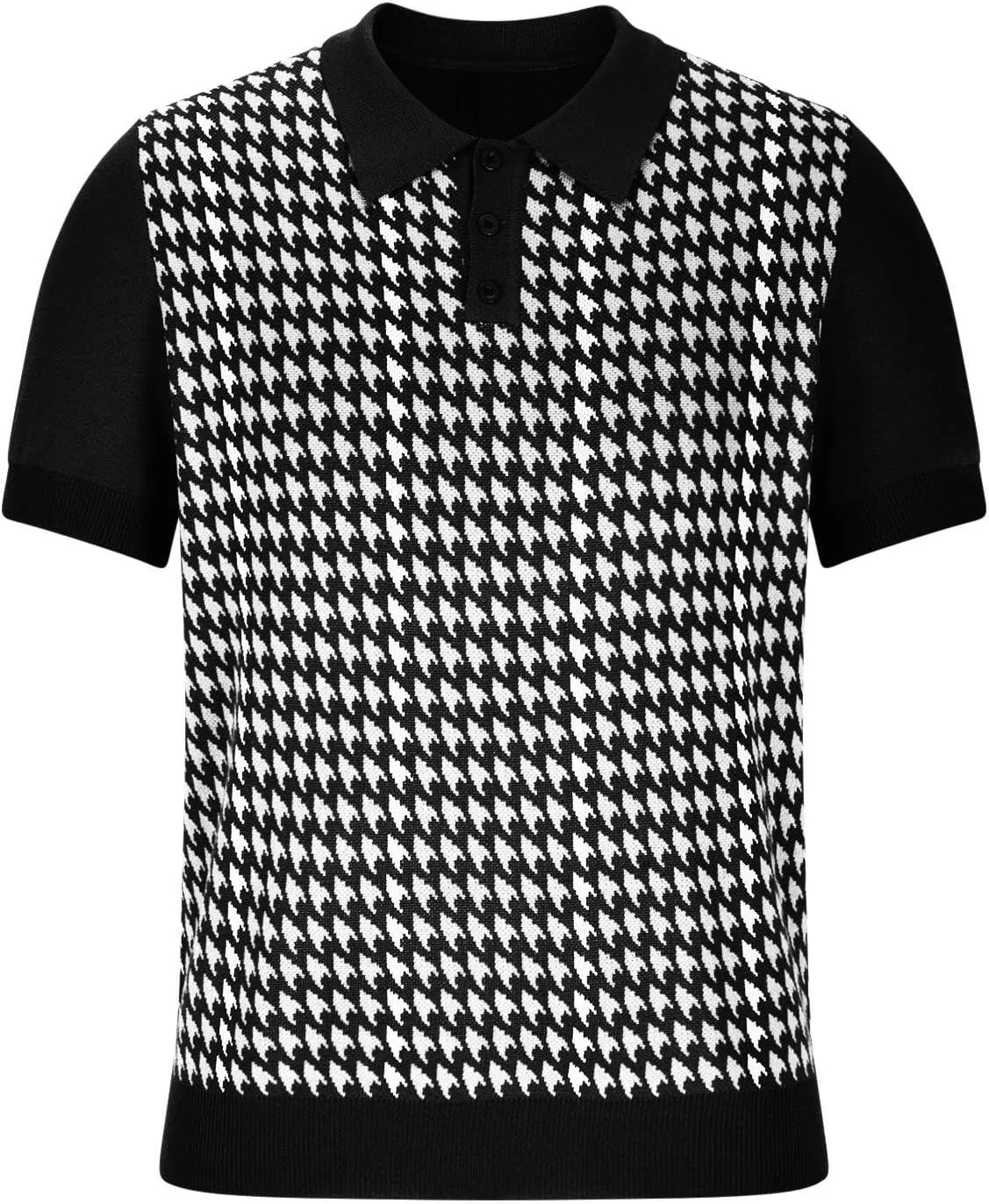 Men's Vintage Polo Shirts Lightweight Retro 70s Knit Houndstooth Golf Shirts Classic Buttons Collared Hipster Tees