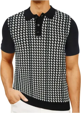 Men's Vintage Polo Shirts Lightweight Retro 70s Knit Houndstooth Golf Shirts Classic Buttons Collared Hipster Tees