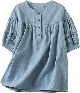 Mexican Embroidered Tops for Women Summer Cotton Linen Shirt Casual Short Sleeve Round Neck Blouse Tees