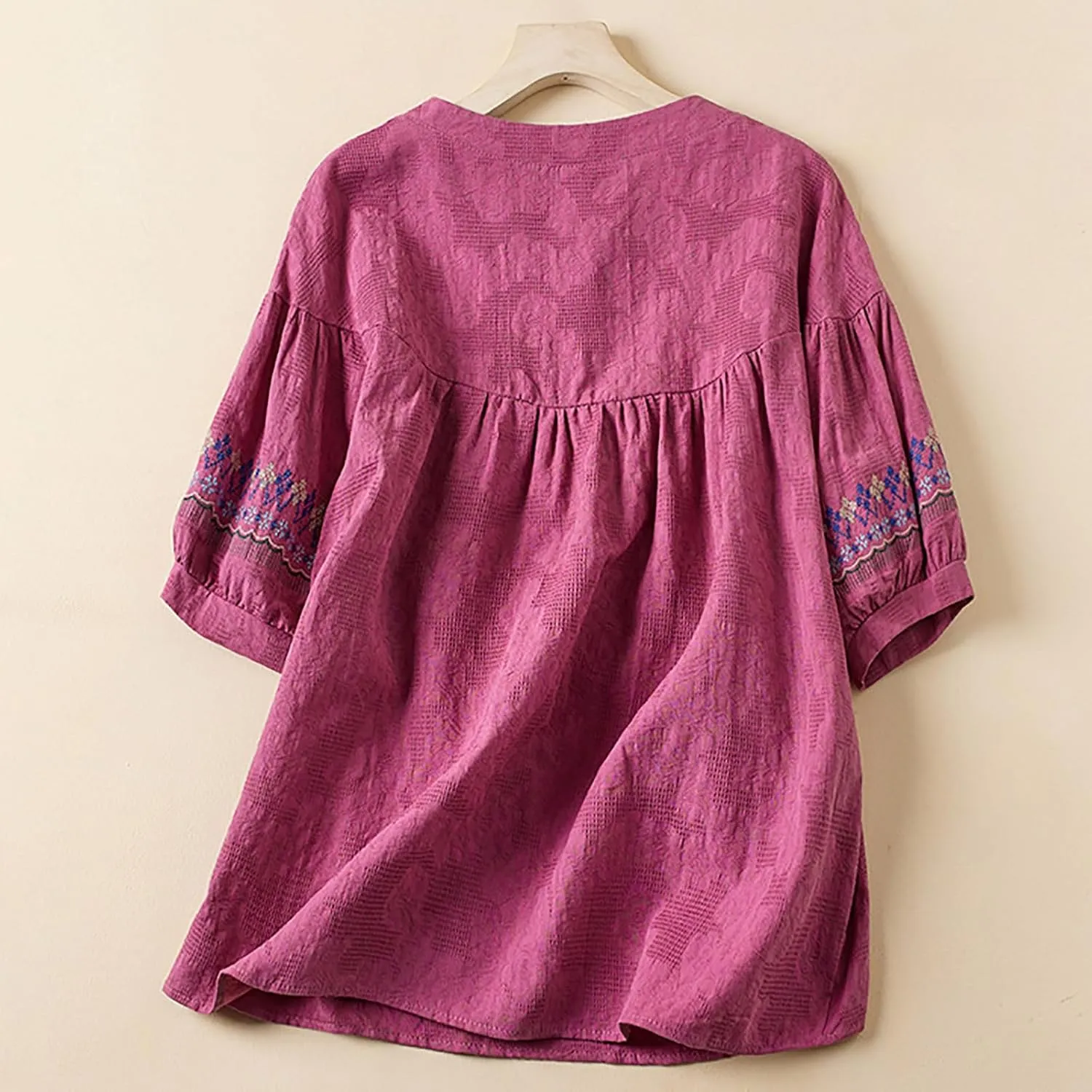 Mexican Embroidered Tops for Women Summer Cotton Linen Shirt Casual Short Sleeve Round Neck Blouse Tees