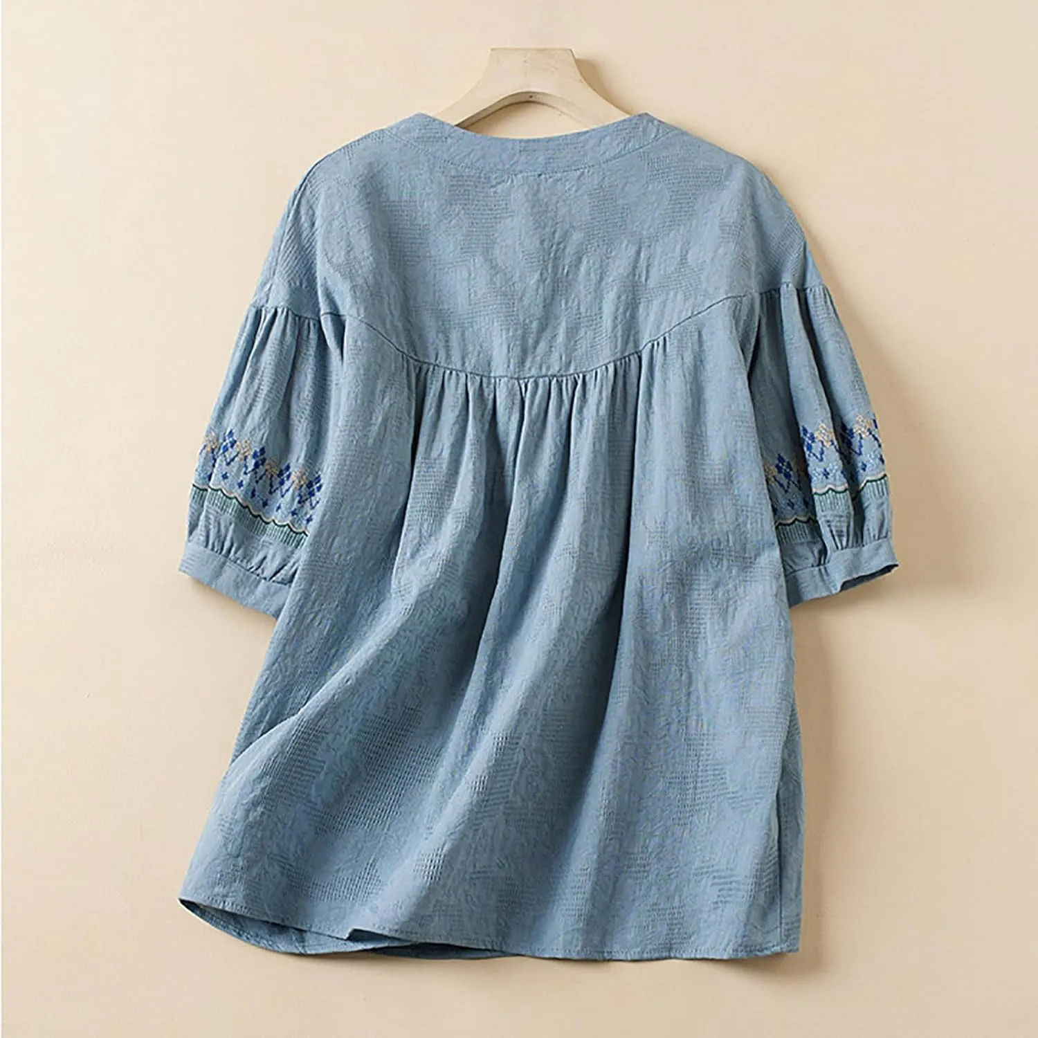 Mexican Embroidered Tops for Women Summer Cotton Linen Shirt Casual Short Sleeve Round Neck Blouse Tees