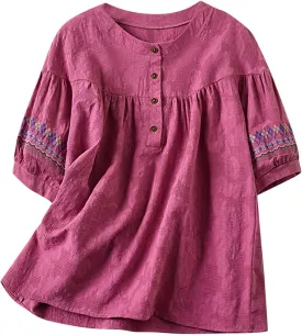 Mexican Embroidered Tops for Women Summer Cotton Linen Shirt Casual Short Sleeve Round Neck Blouse Tees