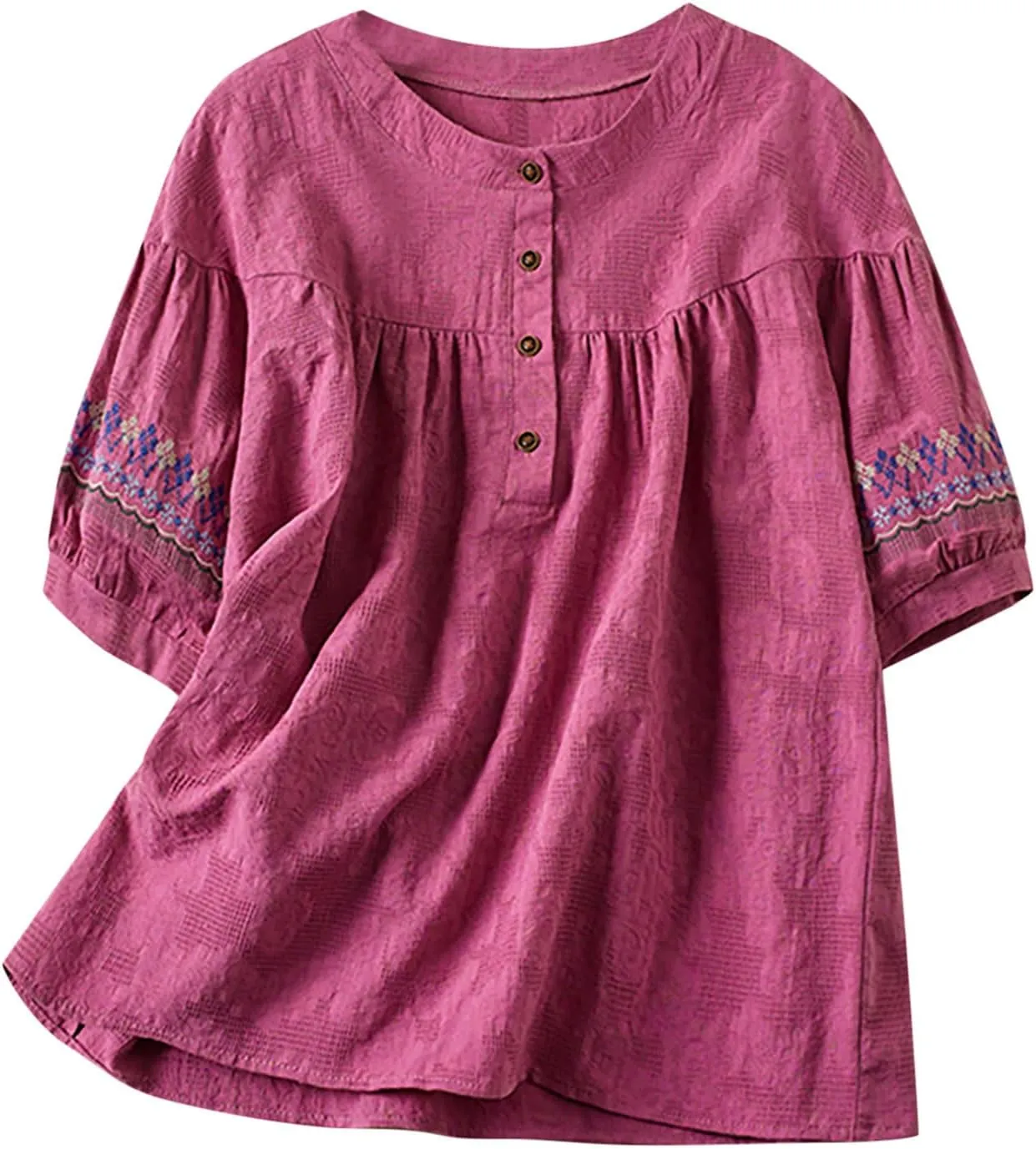 Mexican Embroidered Tops for Women Summer Cotton Linen Shirt Casual Short Sleeve Round Neck Blouse Tees