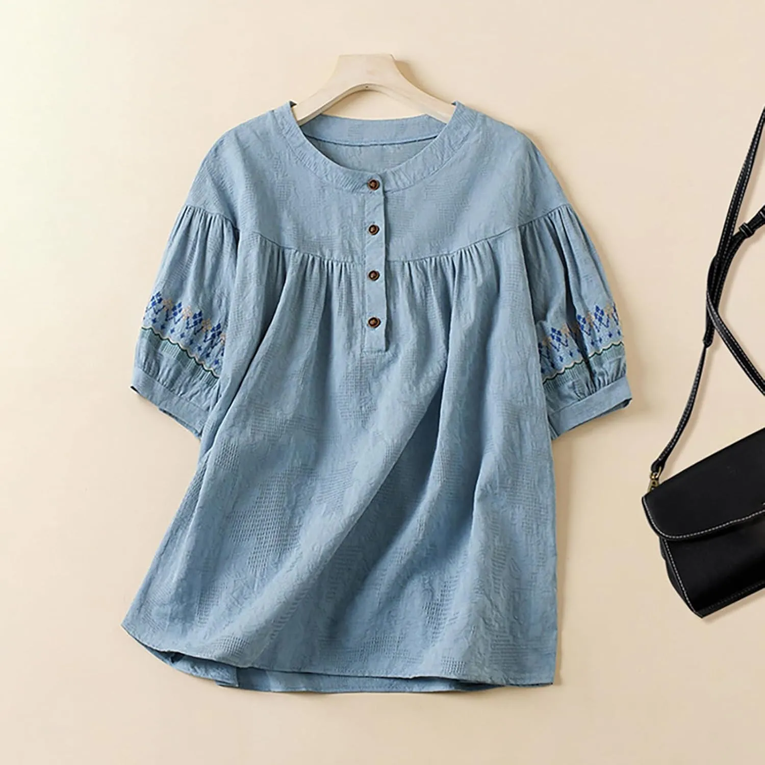 Mexican Embroidered Tops for Women Summer Cotton Linen Shirt Casual Short Sleeve Round Neck Blouse Tees