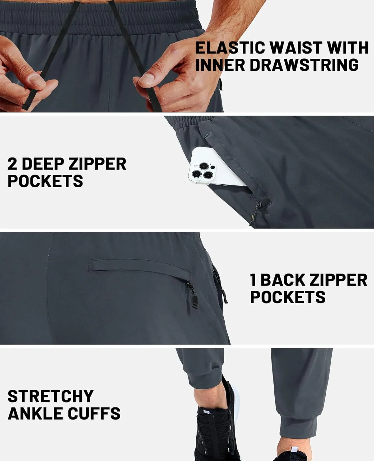 MIER Men's Athletic Running Pants Lightweight Workout Gym Joggers Dry Fit Track Active Sweatpants with Zipper Pockets