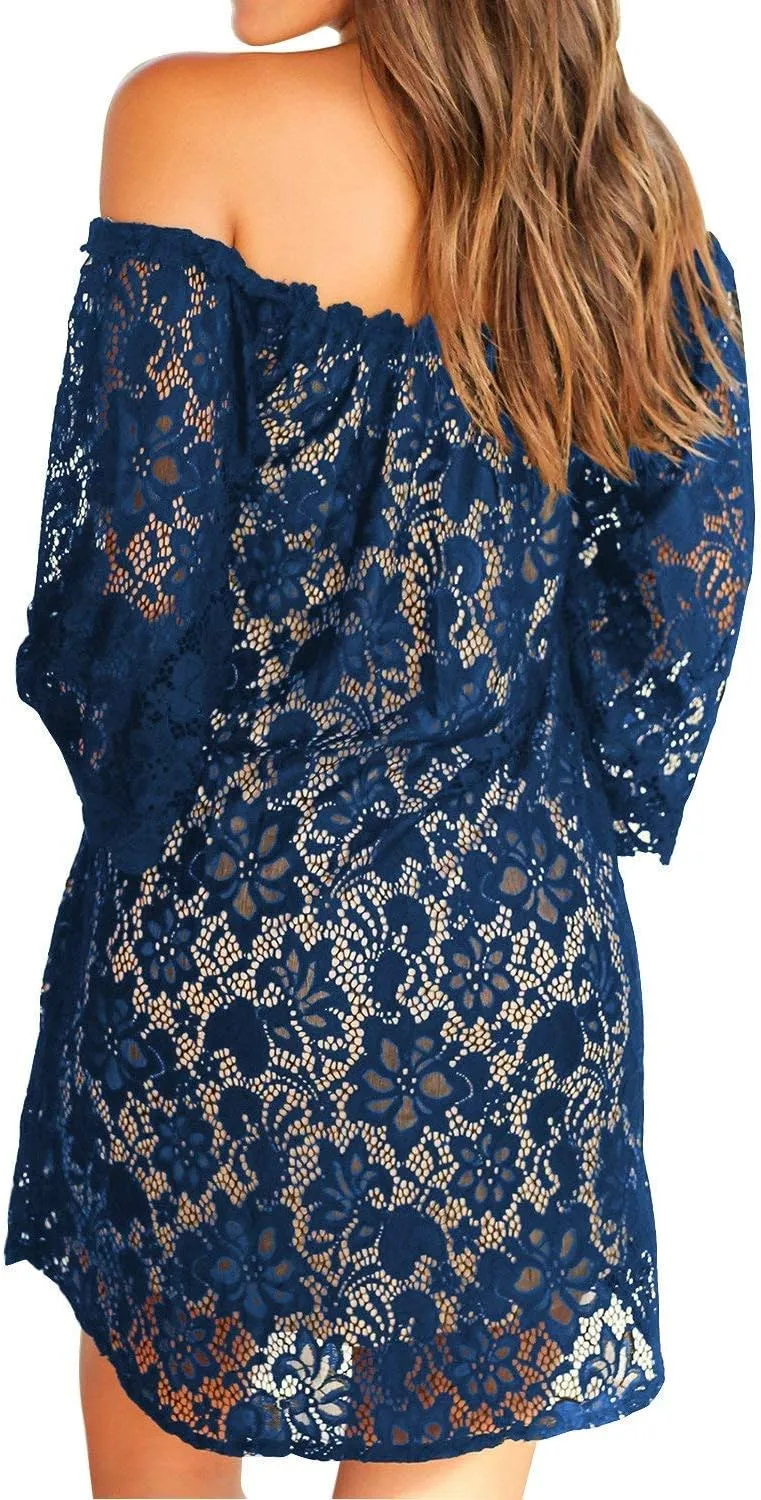 MIHOLL Women's Off Shoulder Lace Shift Loose Mini Dress