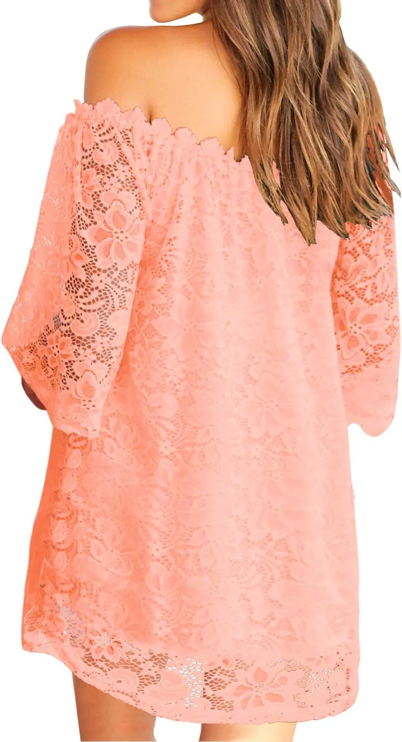 MIHOLL Women's Off Shoulder Lace Shift Loose Mini Dress