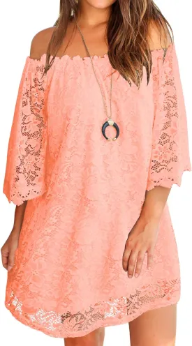 MIHOLL Women's Off Shoulder Lace Shift Loose Mini Dress