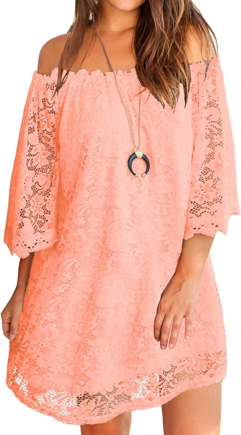 MIHOLL Women's Off Shoulder Lace Shift Loose Mini Dress