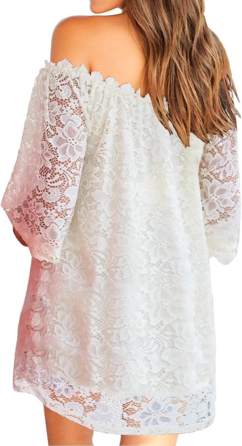 MIHOLL Women's Off Shoulder Lace Shift Loose Mini Dress